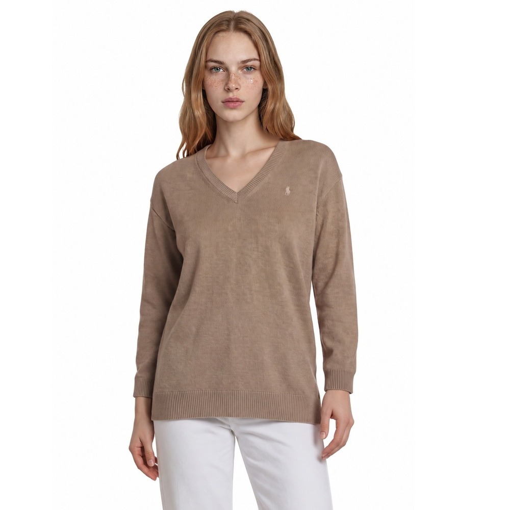 Polo Ralph Lauren Sweater Women's Size XS Tan Beige V Neck Cotton Wool Blend
